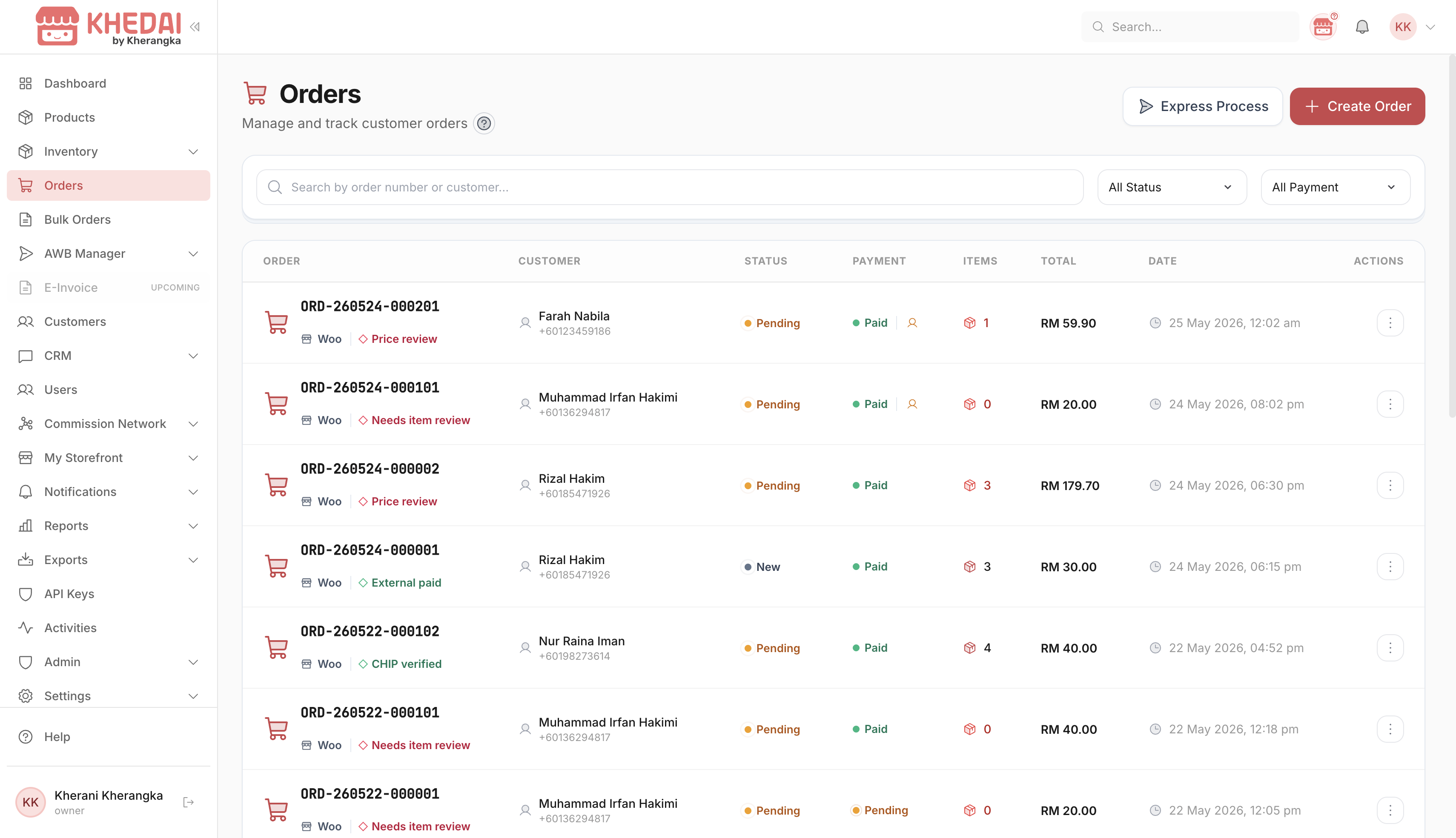 Khedai OMS orders dashboard